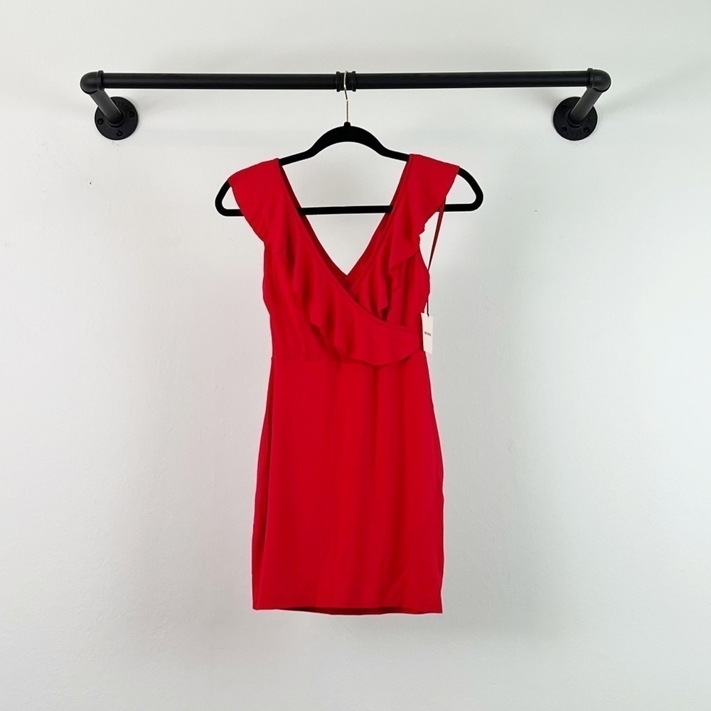 Nwt Superdown Flora Ruffle Cross Back Faux Wrap Bodycon Mini Dress In Red — image 3 of 6